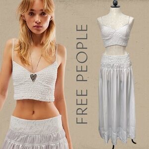 Free People Aster Skirt Set Ivory Silver Metallic Sheer Lace Tiered Smocked SM